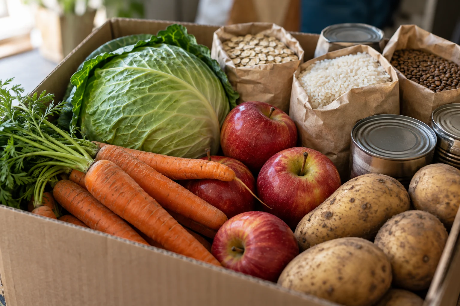 A box of fresh vegetables, fruit and pantry staples